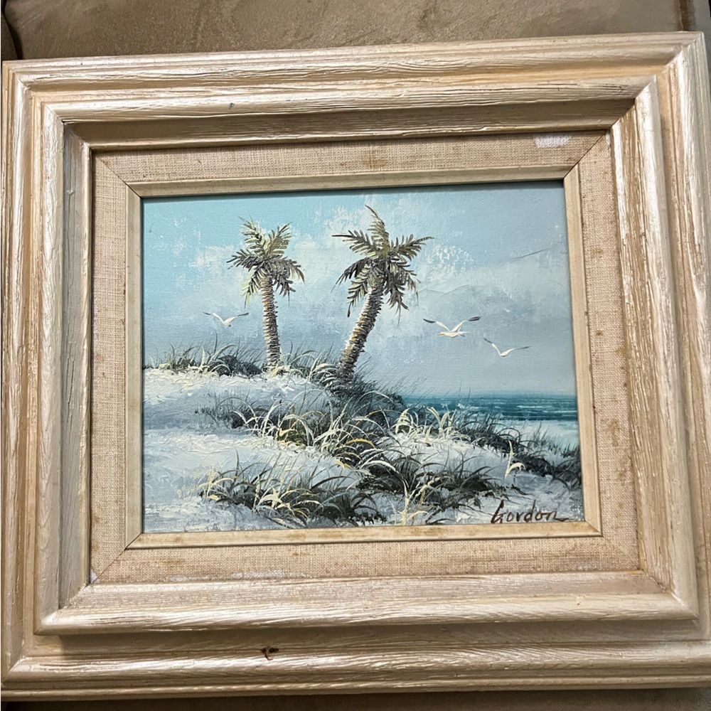 Tropical Beach Scene Framed Art in Cream and Blue. Signed Gordon.